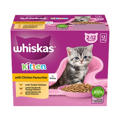 WHISKAS® 2-12 Months Kitten Wet Cat Food with Chicken Favourites In Gravy 12x85g Pouch - 5