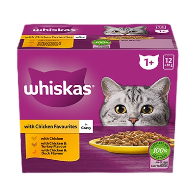 WHISKAS® 1+ Years Adult Wet Cat Food with Chicken Favourites In Gravy 12x85g Pouch - 1