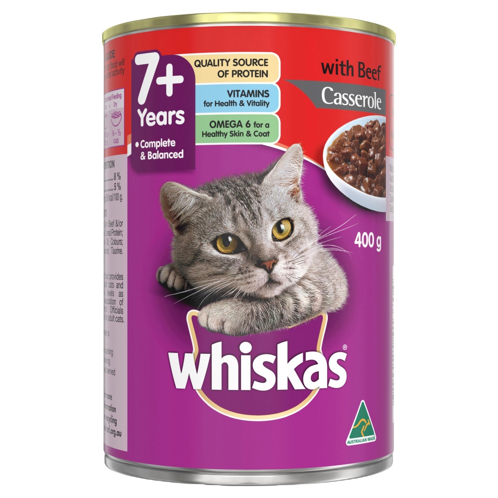 WHISKAS® 7+ years Adult Wet Cat Food with Beef Casserole 400g Can - 1