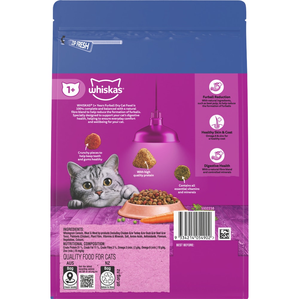 WHISKAS® 1+ Years Adult Furball Dry Cat Food with Sardine & Prawn 800g Bag - 2
