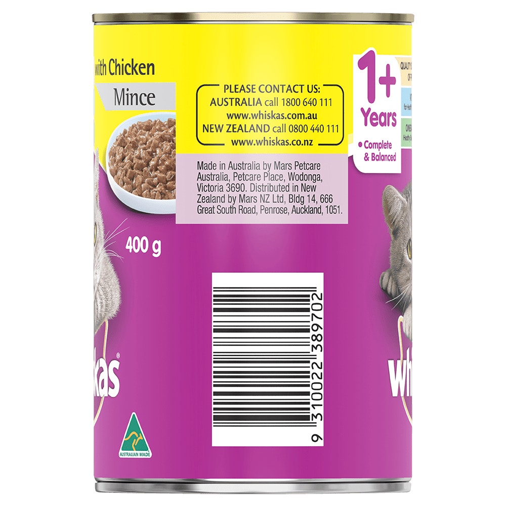 WHISKAS® 1+ Years Adult Wet Cat Food with Chicken Mince 400g Can - 2