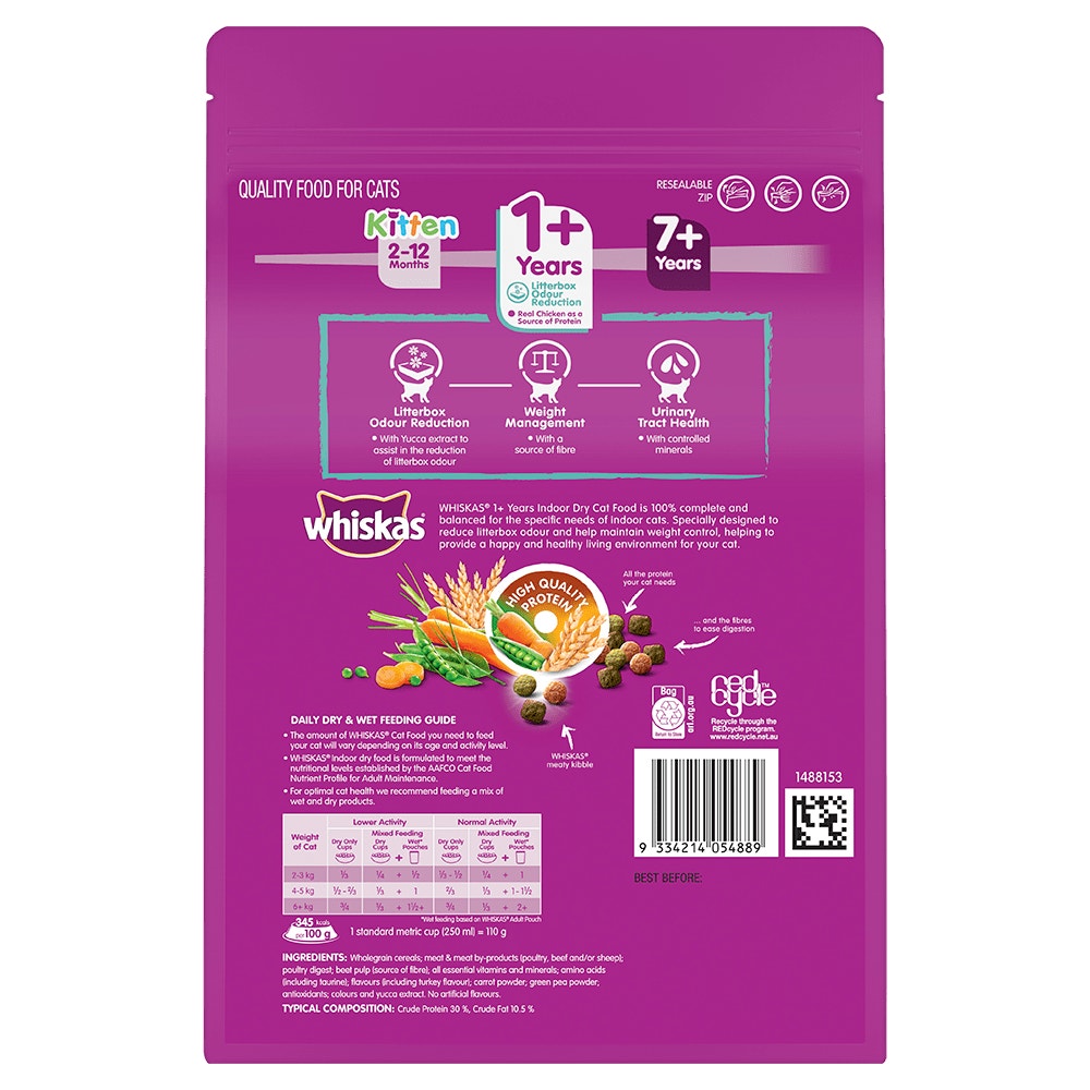 WHISKAS® 1+ Years Adult Indoor Dry Cat Food with Chicken & Turkey 800g Bag - 2