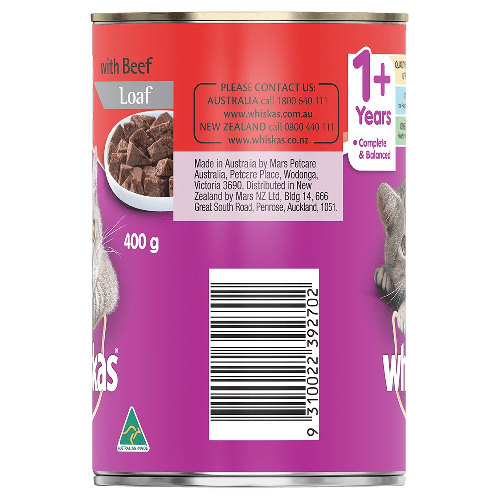 WHISKAS® 1+ Years Adult Wet Cat Food with Beef Loaf 400g Can - 2