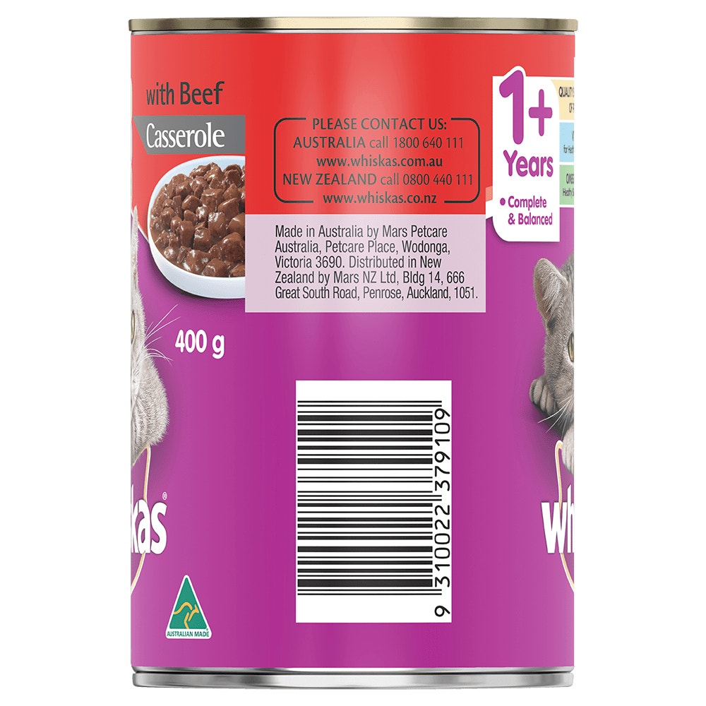 WHISKAS® 1+ Years Adult Wet Cat Food with Beef Casserole 400g Can - 2