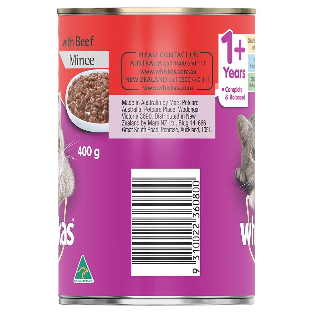 WHISKAS® 1+ Years Adult Wet Cat Food with Beef Mince 400g Can - 2