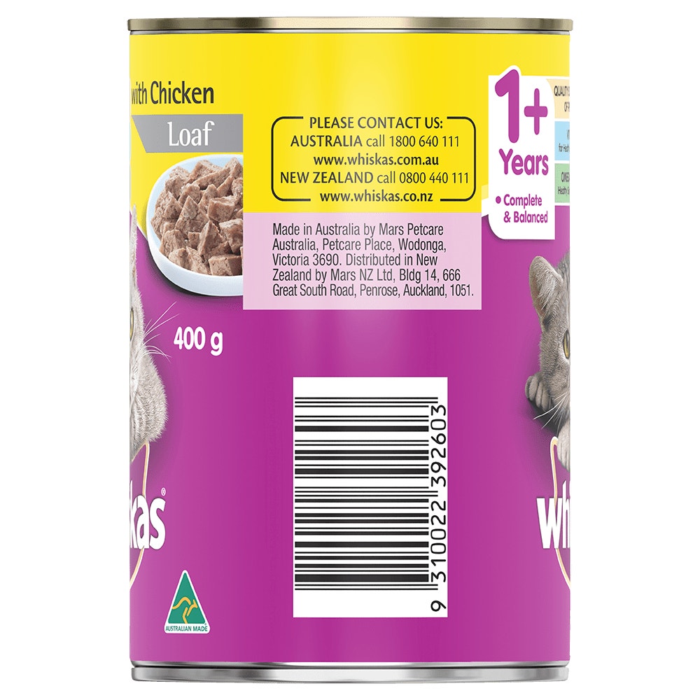 WHISKAS® 1+ Years Adult Wet Cat Food with Chicken Loaf 400g Can - 2