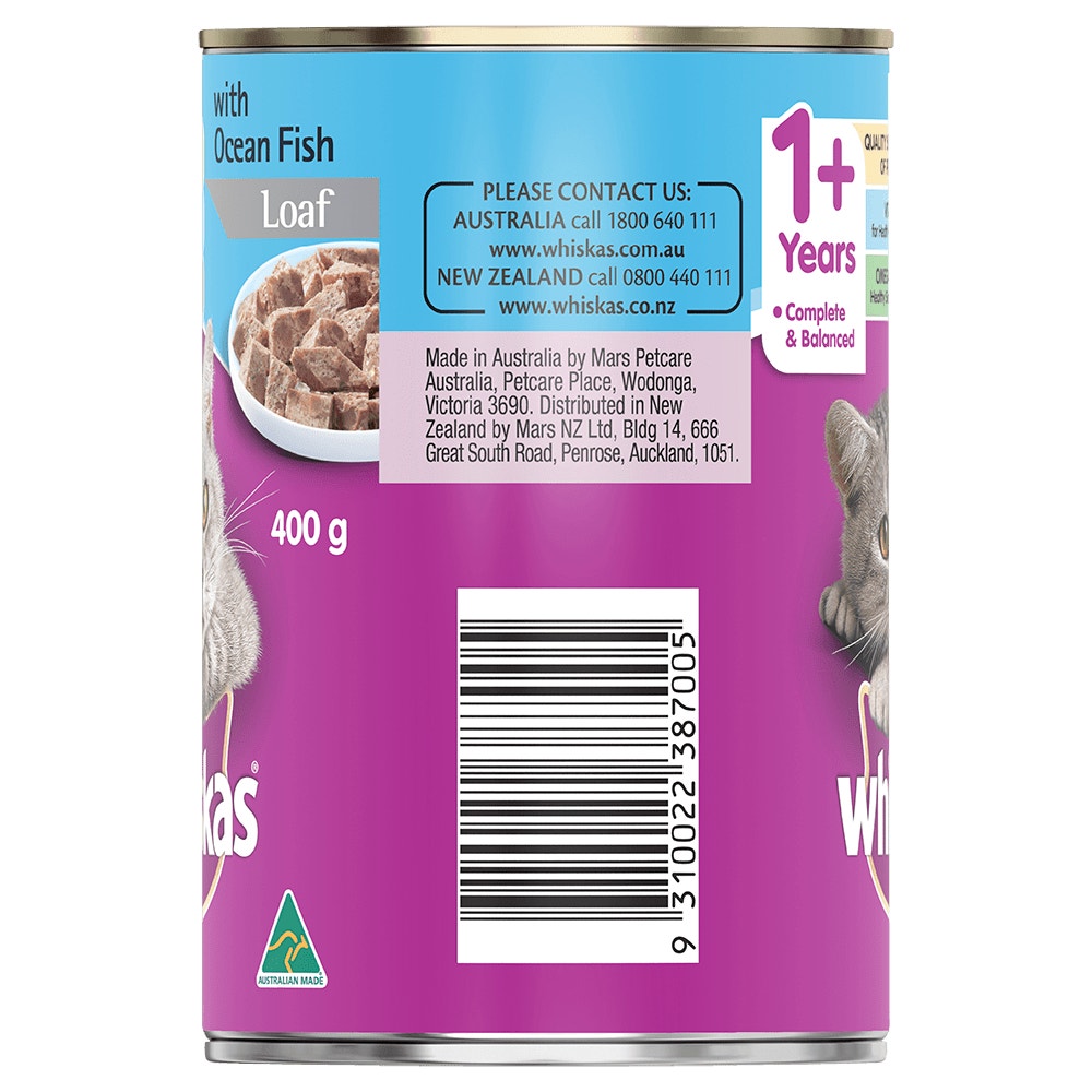 WHISKAS® 1+ Years Adult Wet Cat Food with Ocean Fish Loaf 400g Can - 2