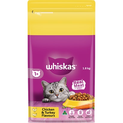 WHISKAS® 1+ Years Adult Dry Cat Food with Chicken & Turkey 1.8kg Bag