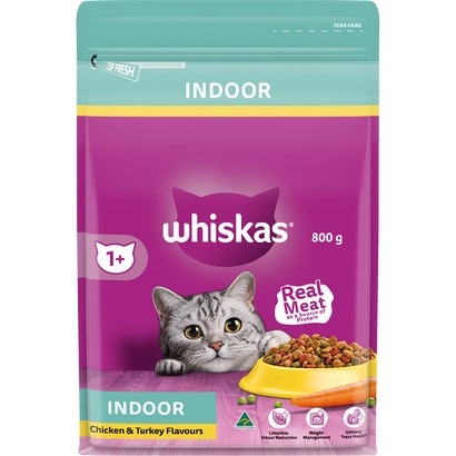 WHISKAS® 1+ Years Adult Indoor Dry Cat Food with Chicken & Turkey 800g Bag