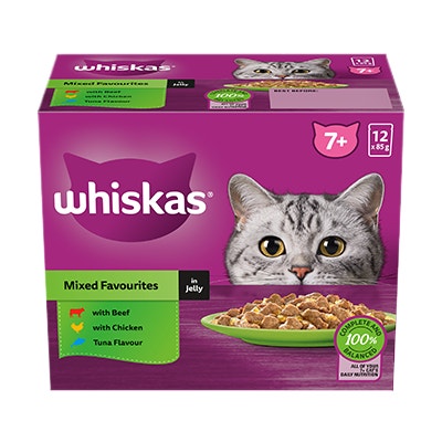 WHISKAS® 7+ Years Adult Wet Cat Food Mixed Favourites In Jelly 12x85g Pouch