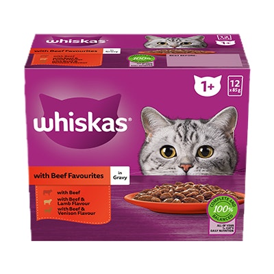 WHISKAS® 1+ Years Adult Wet Cat Food with Beef Favourites In Gravy 12x85g Pouch