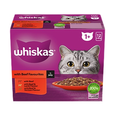 WHISKAS® 1+ Years Adult Wet Cat Food with Beef Favourites In Jelly 12x85g Pouch