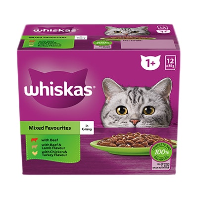 WHISKAS® 1+ Years Adult Wet Cat Food with Mixed Favourites In Gravy 12x85g Pouch