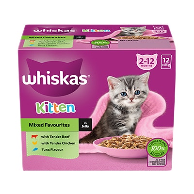 WHISKAS® 2-12 Months Kitten Wet Cat Food with Mixed Favourites In Jelly 12x85g Pouch