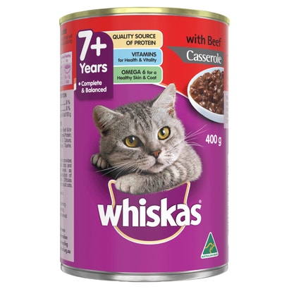 WHISKAS® 7+ years Adult Wet Cat Food with Beef Casserole 400g Can