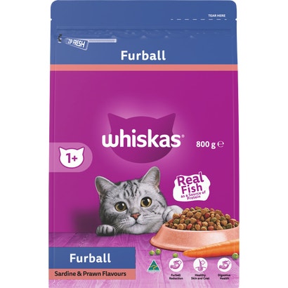 WHISKAS® 1+ Years Adult Furball Dry Cat Food with Sardine & Prawn 800g Bag